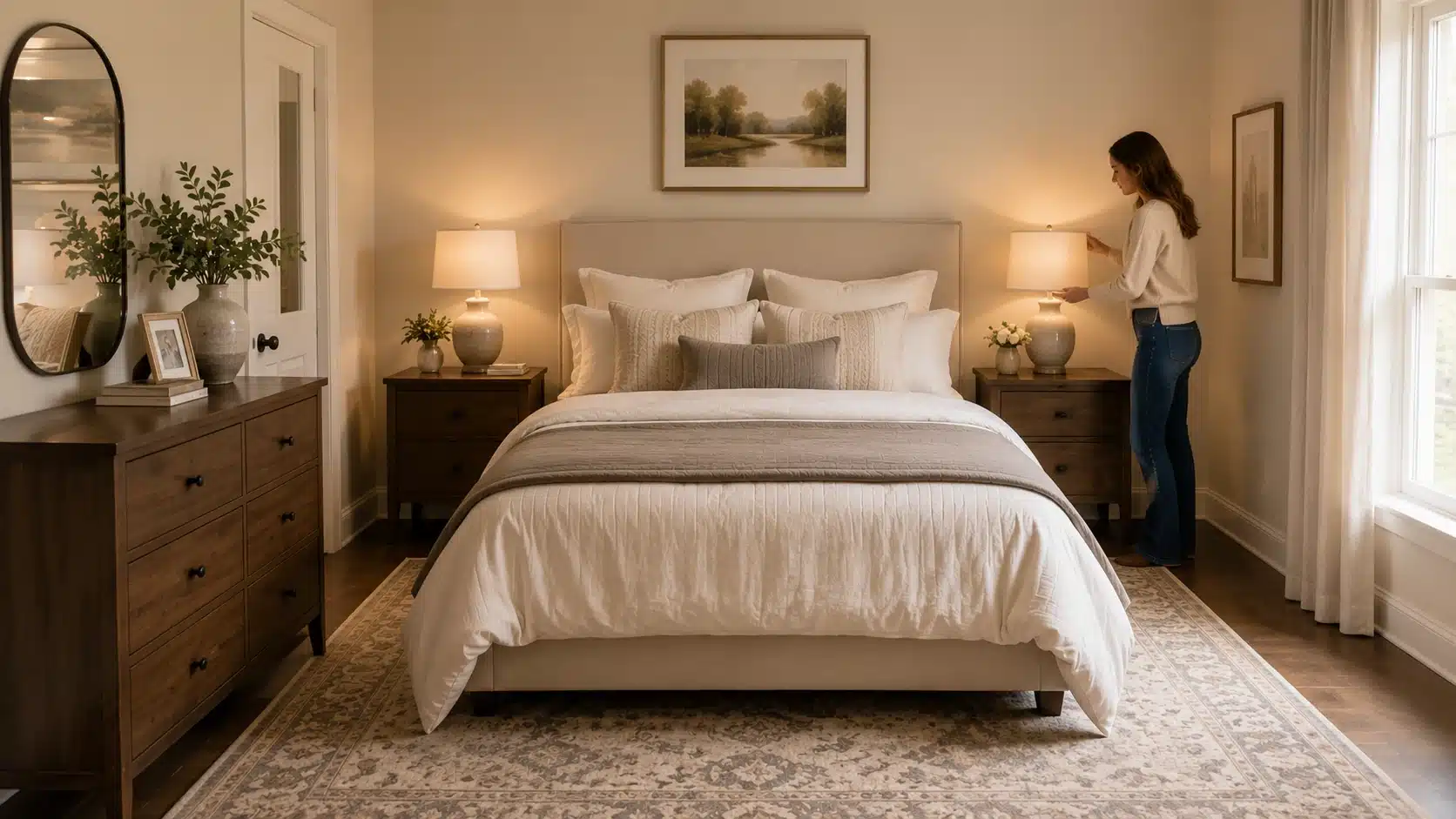 symmetrical bedroom layout with centered bed matching nightstands lamps and clear walking space