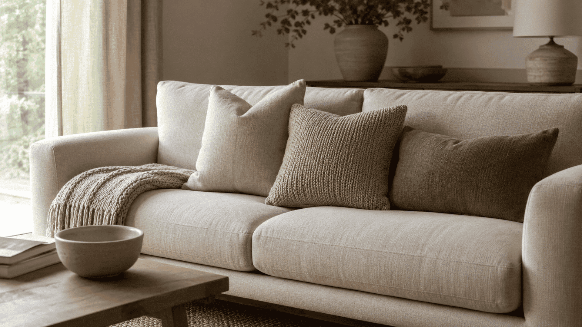 Sofa styled with cushions and a folded throw