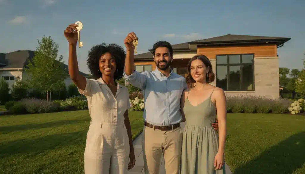 Three people holding keys in front of a modern house with a manicured lawn