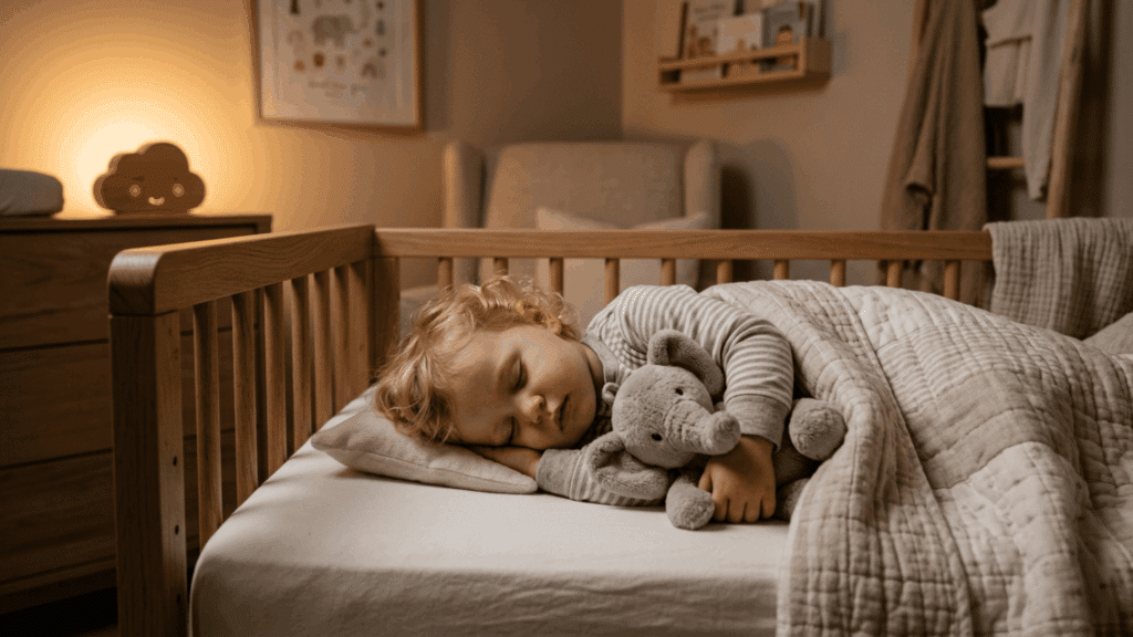 Toddler sleeping peacefully in a crib while holding a stuffed toy in a cozy bedroom.