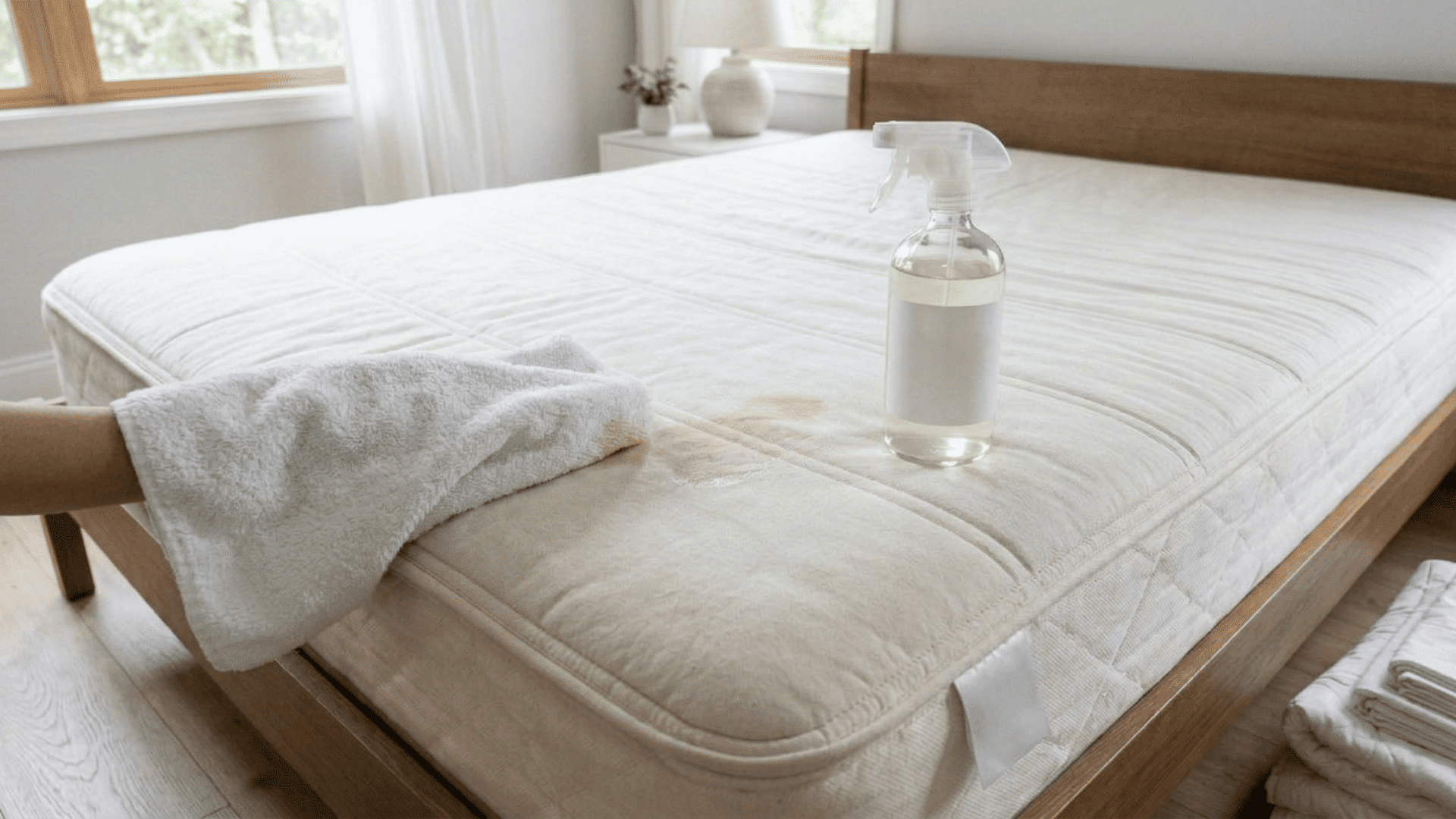 Cloth blotting a stain on a mattress with cleaner nearby