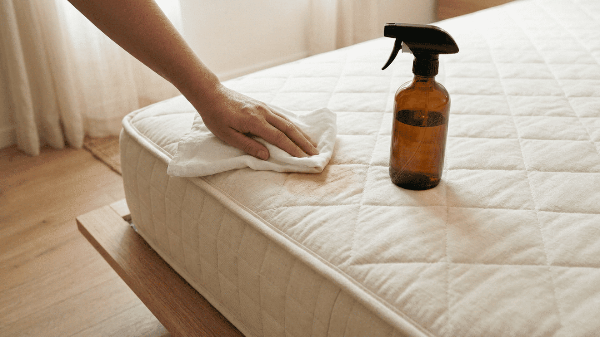 Cloth blotting a mattress stain before steam cleaning