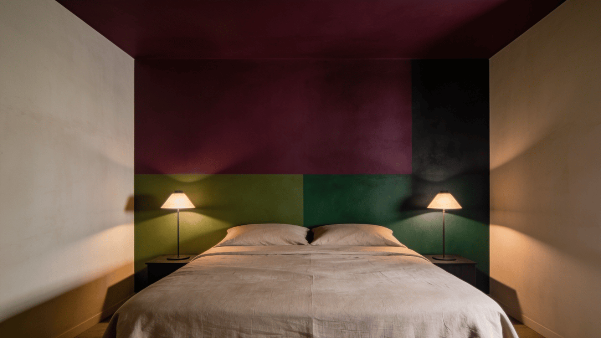 Moody accent wall frames the romantic bed