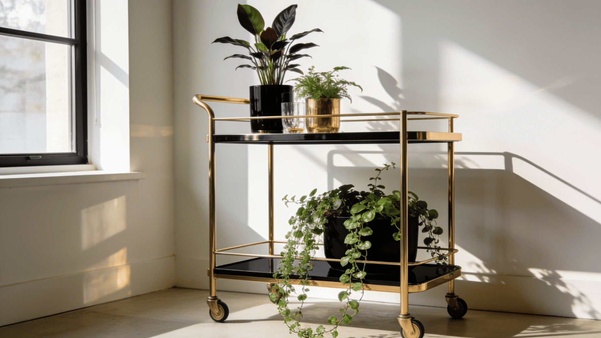 Metal bar cart holding layered potted plants