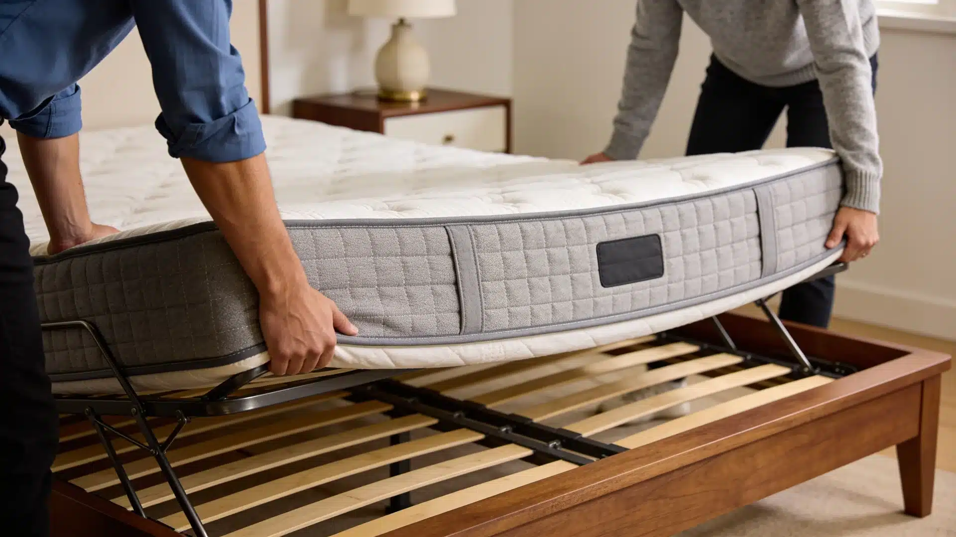 two people rotating a mattress on a bed frame to improve mattress lifespan and support