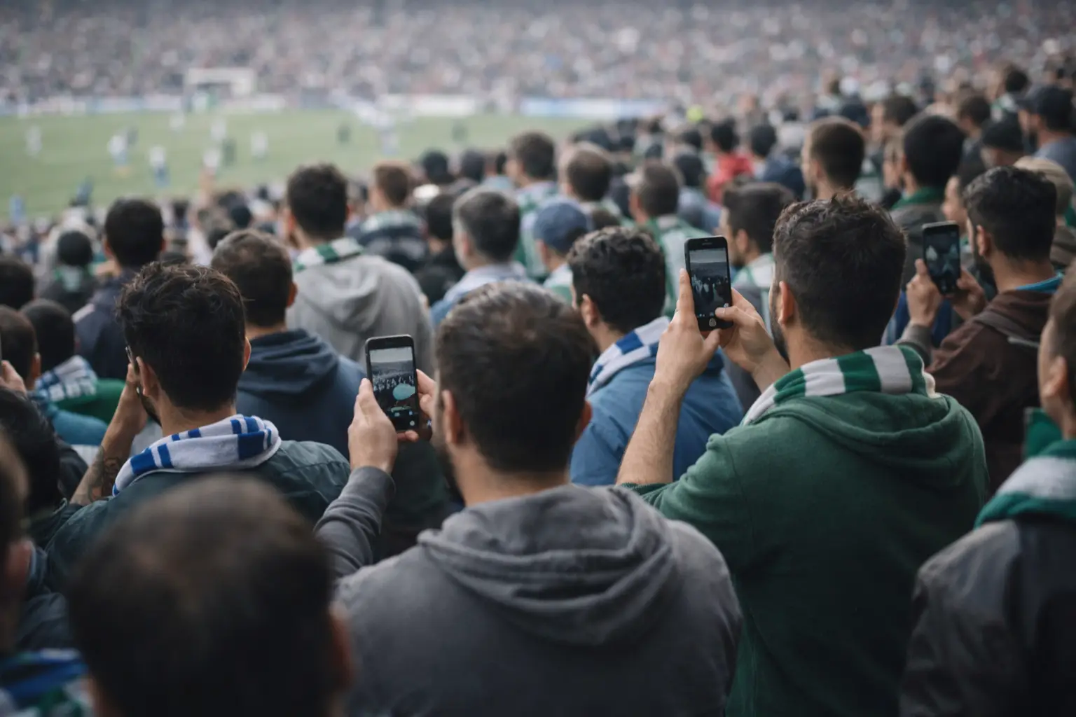Crowd at a sports stadium capturing the event with smartphones, wearing team scarves