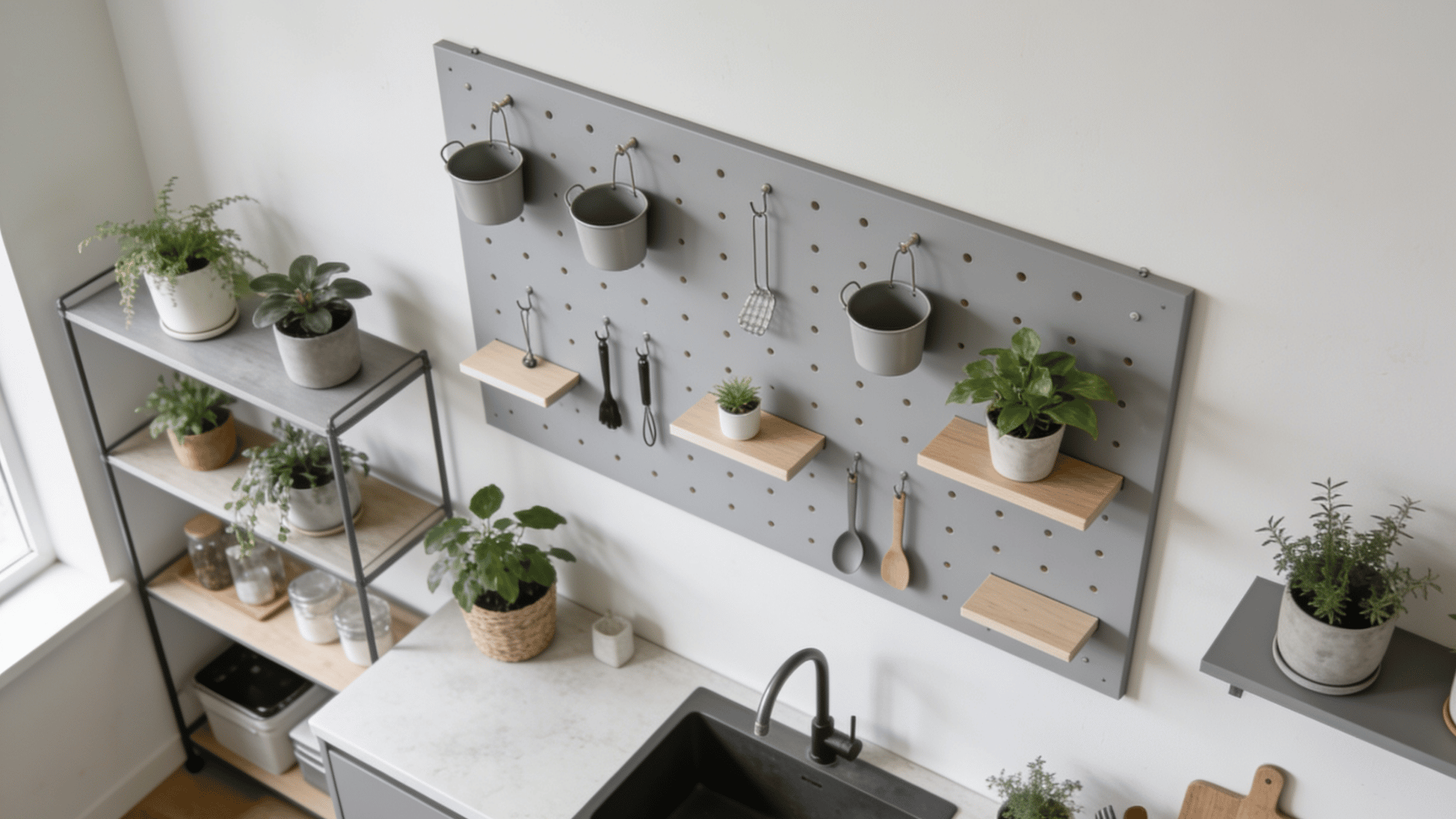Wall pegboard holding small pots and plant shelves