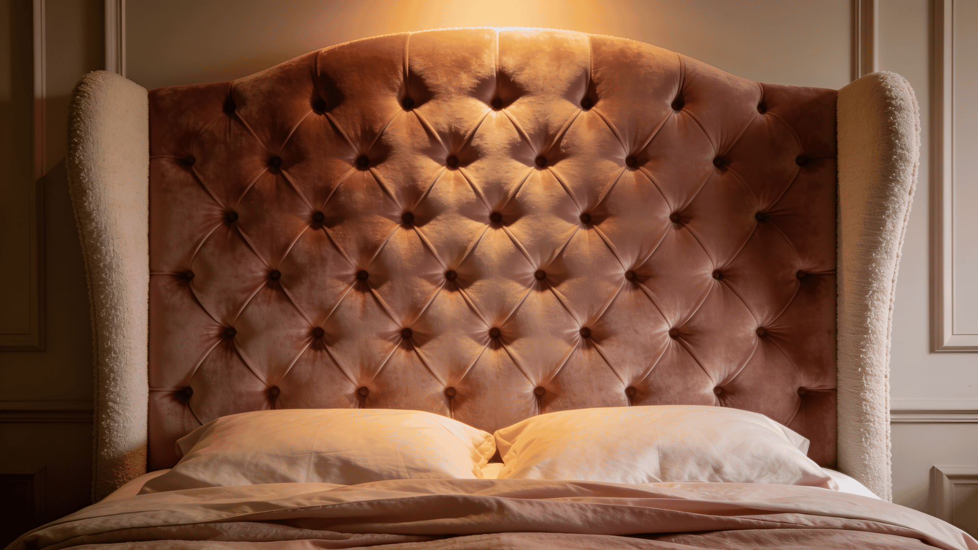 Upholstered headboard anchors the softly layered bed