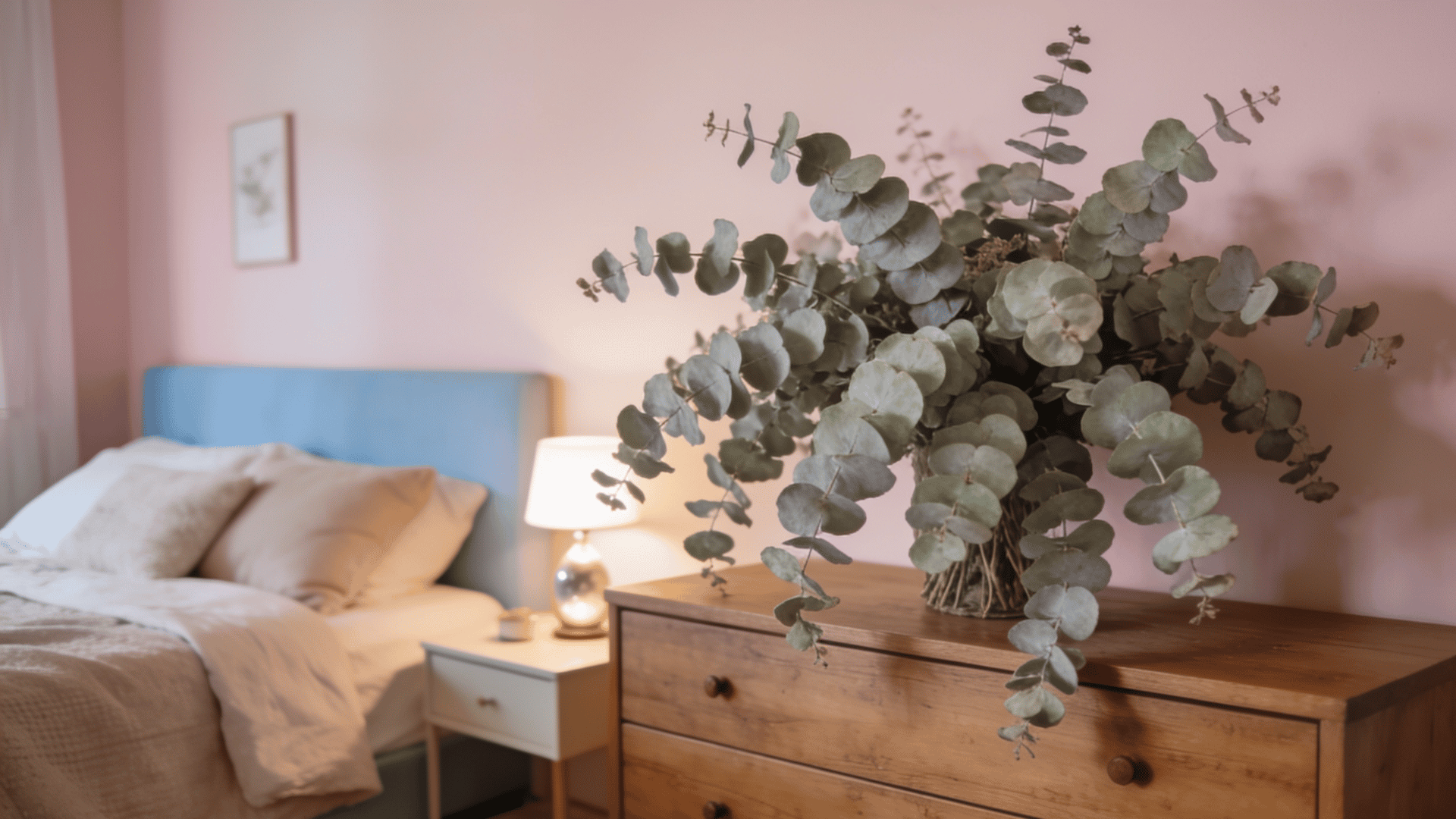 Eucalyptus vase brings natural softness beside bed
