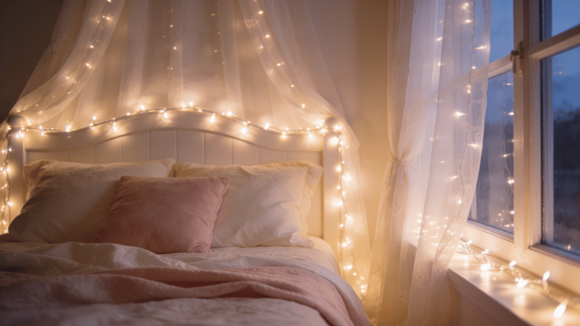 airy lights glow around romantic bedroom headboard