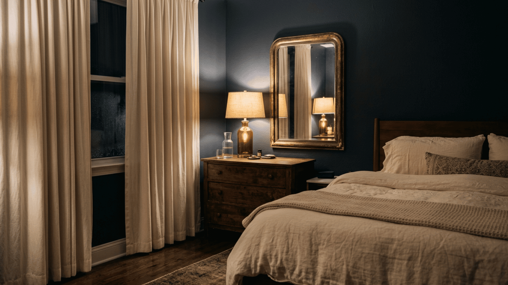 Brass mirror reflecting light in a dark bedroom