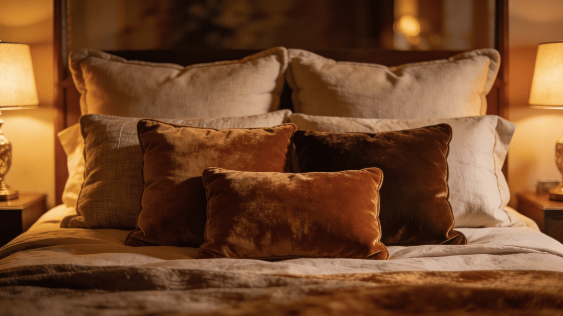 Mixed pillow sizes fill cozy bedroom bed