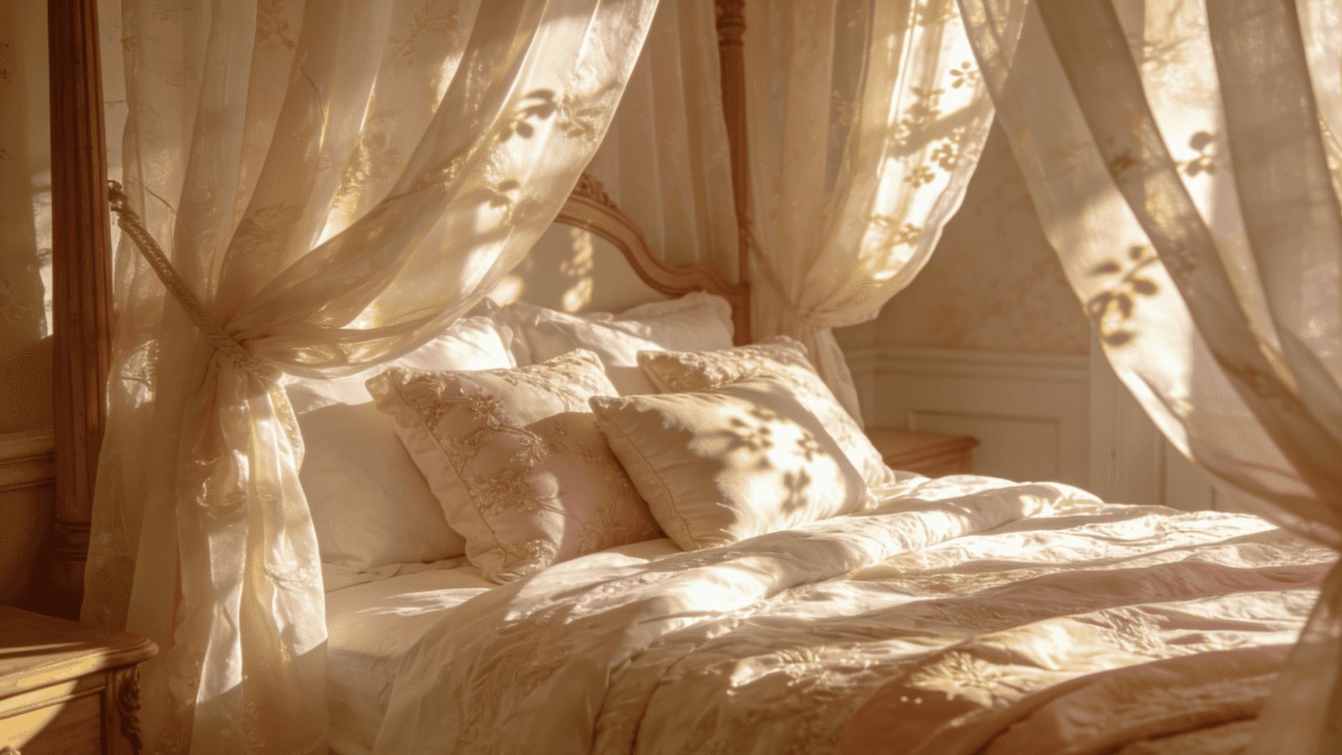 Sheer canopy curtains surround the romantic bed