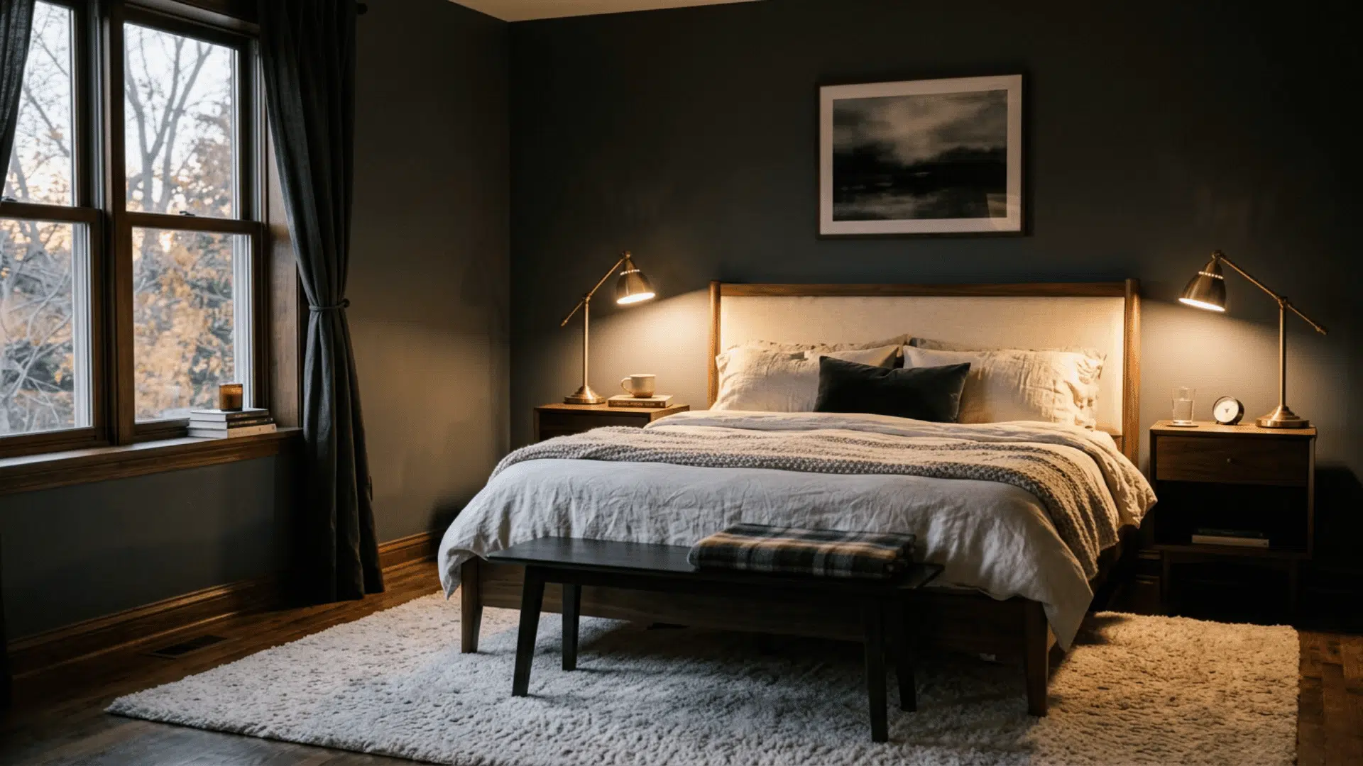 Warm wood bed frame in a dark bedroom
