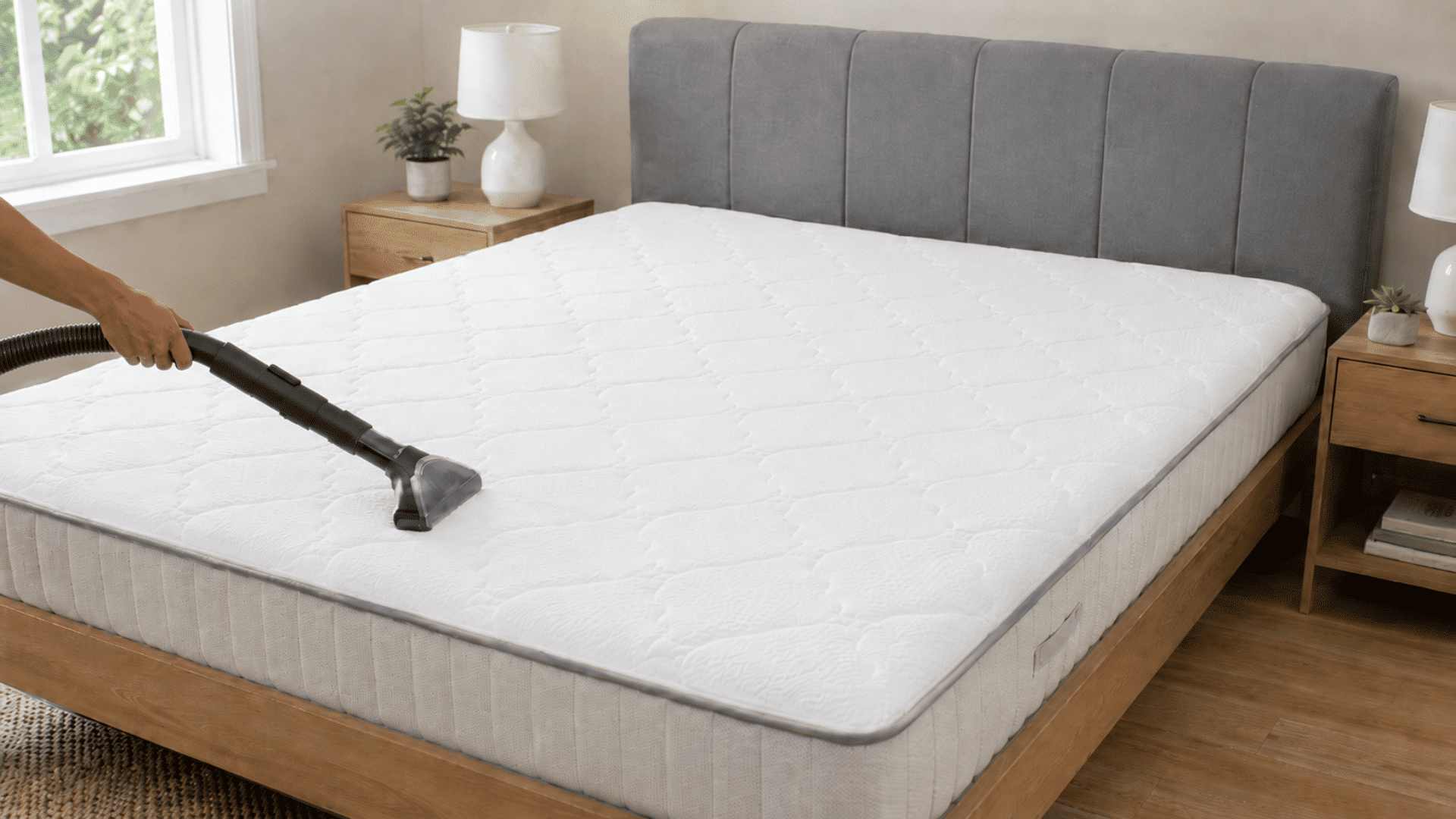 Vacuum removing baking soda residue from a mattress surface