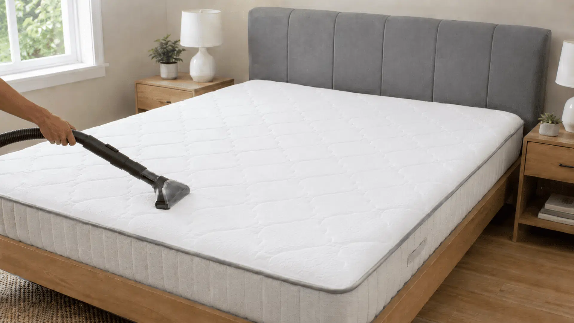 Vacuum removing baking soda residue from a mattress surface