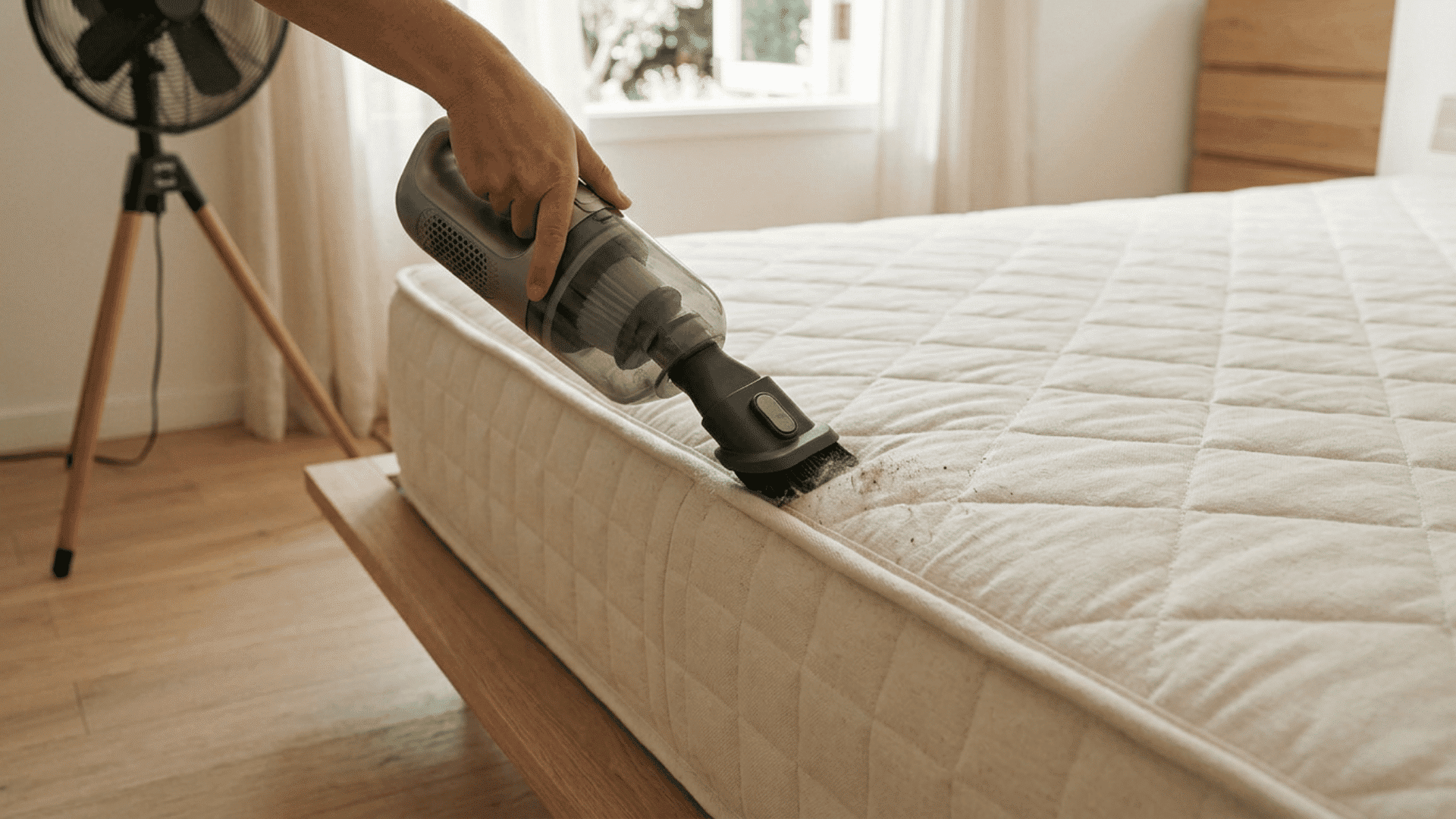 Vacuum cleaning mattress seams before steam cleaning