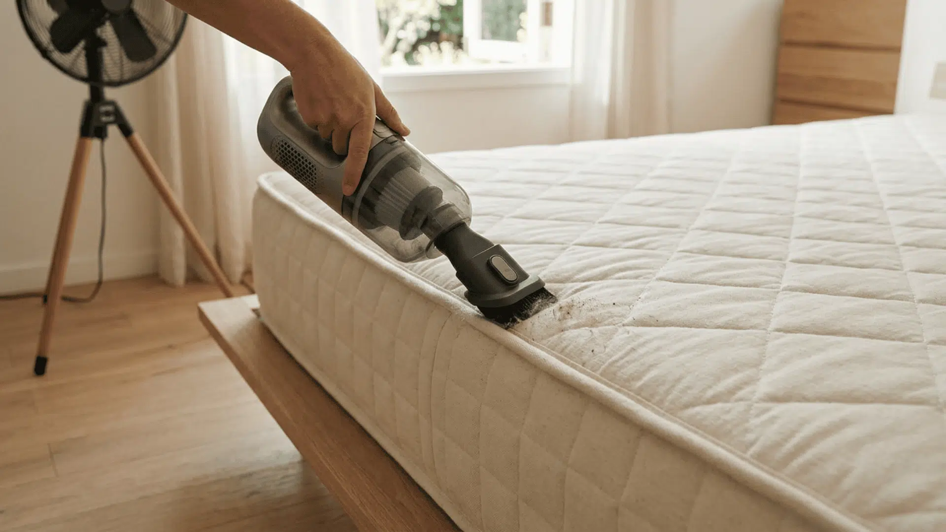 Vacuum cleaning mattress seams before steam cleaning