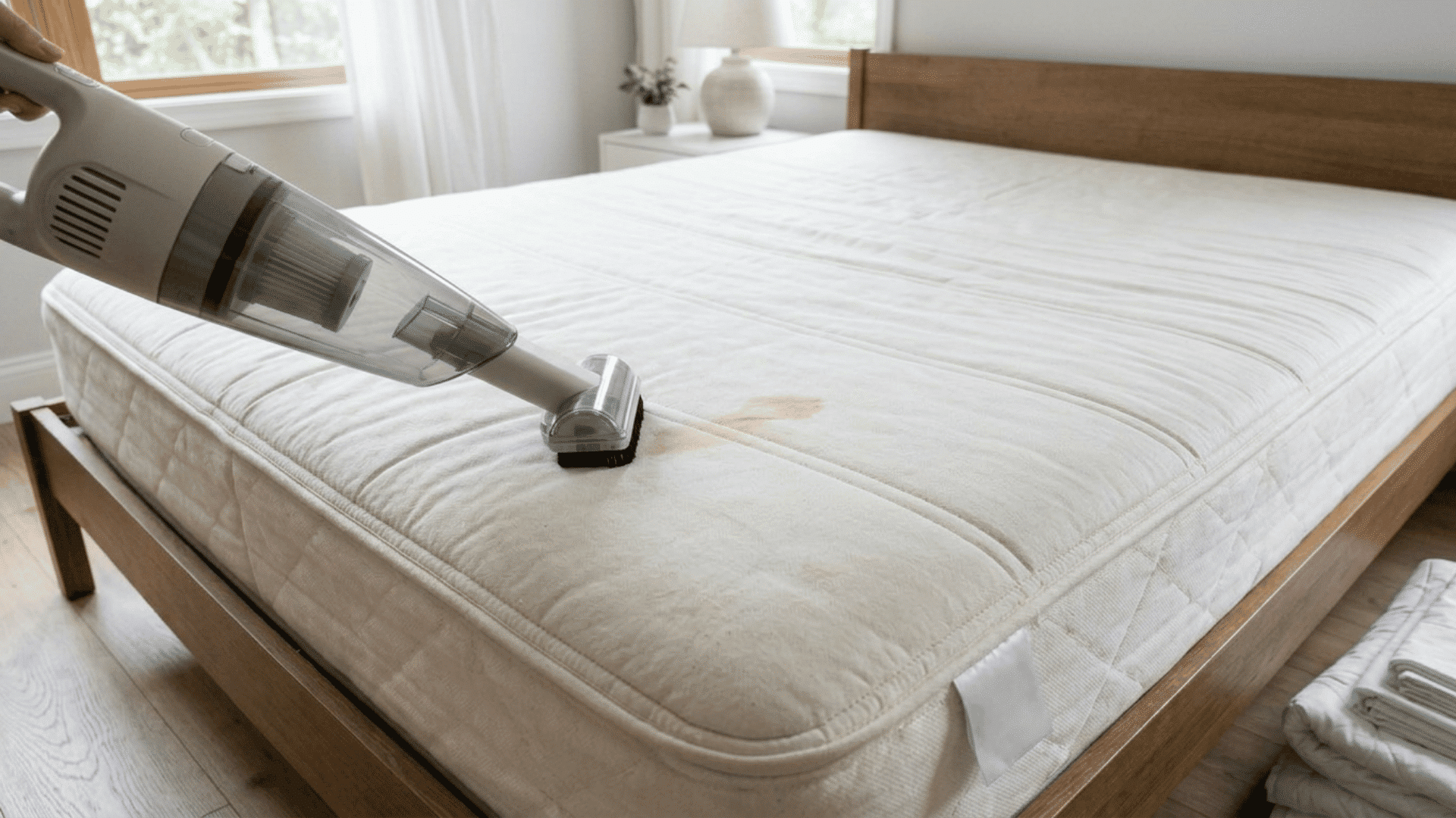 Vacuum with upholstery attachment cleaning a mattress surface