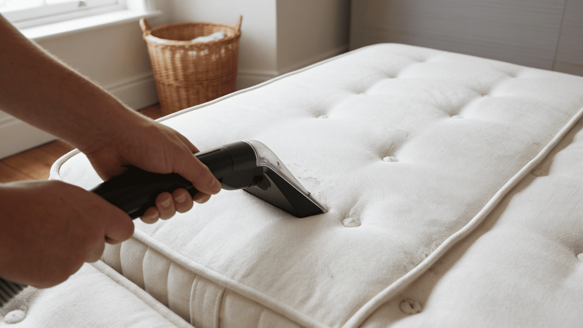 Hand vacuum cleaning dust from a tufted white mattress.