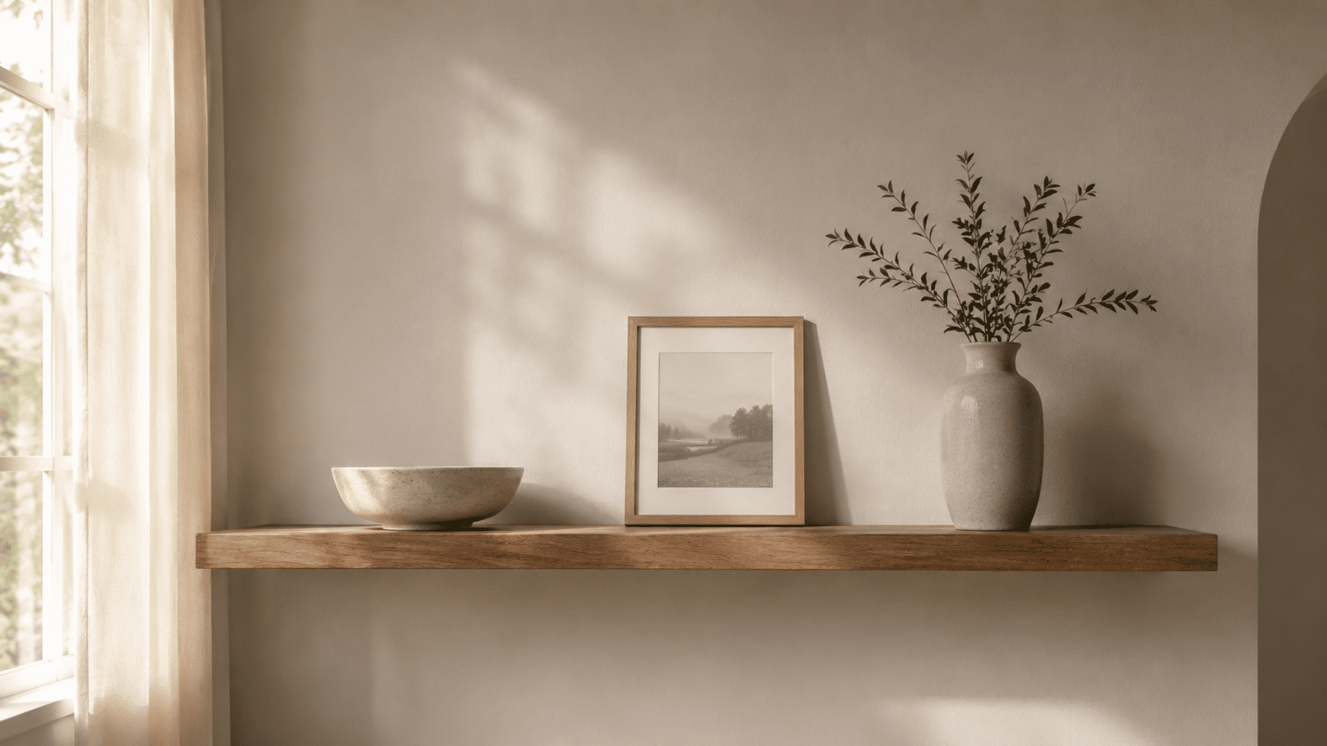 Shelf styled with decor objects at varying heights