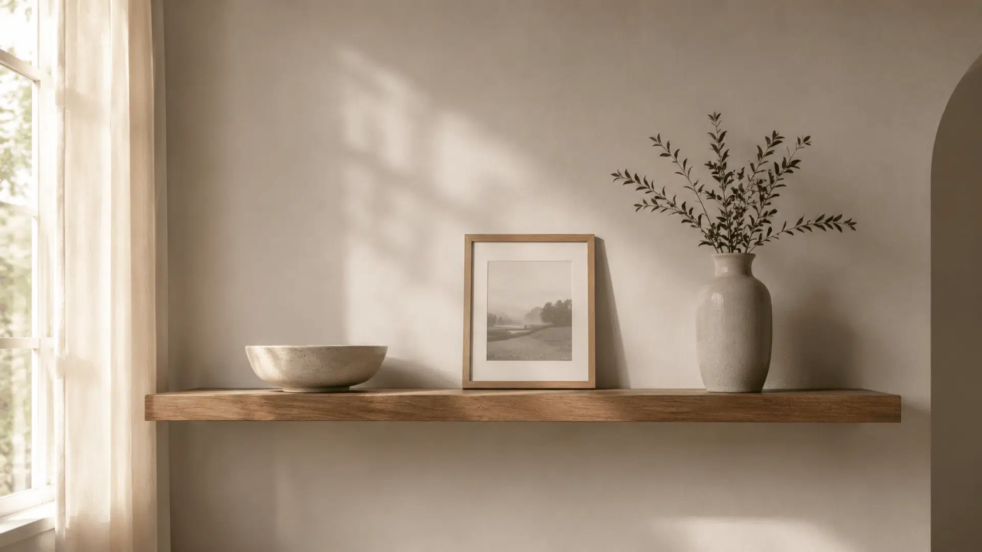 Shelf styled with decor objects at varying heights