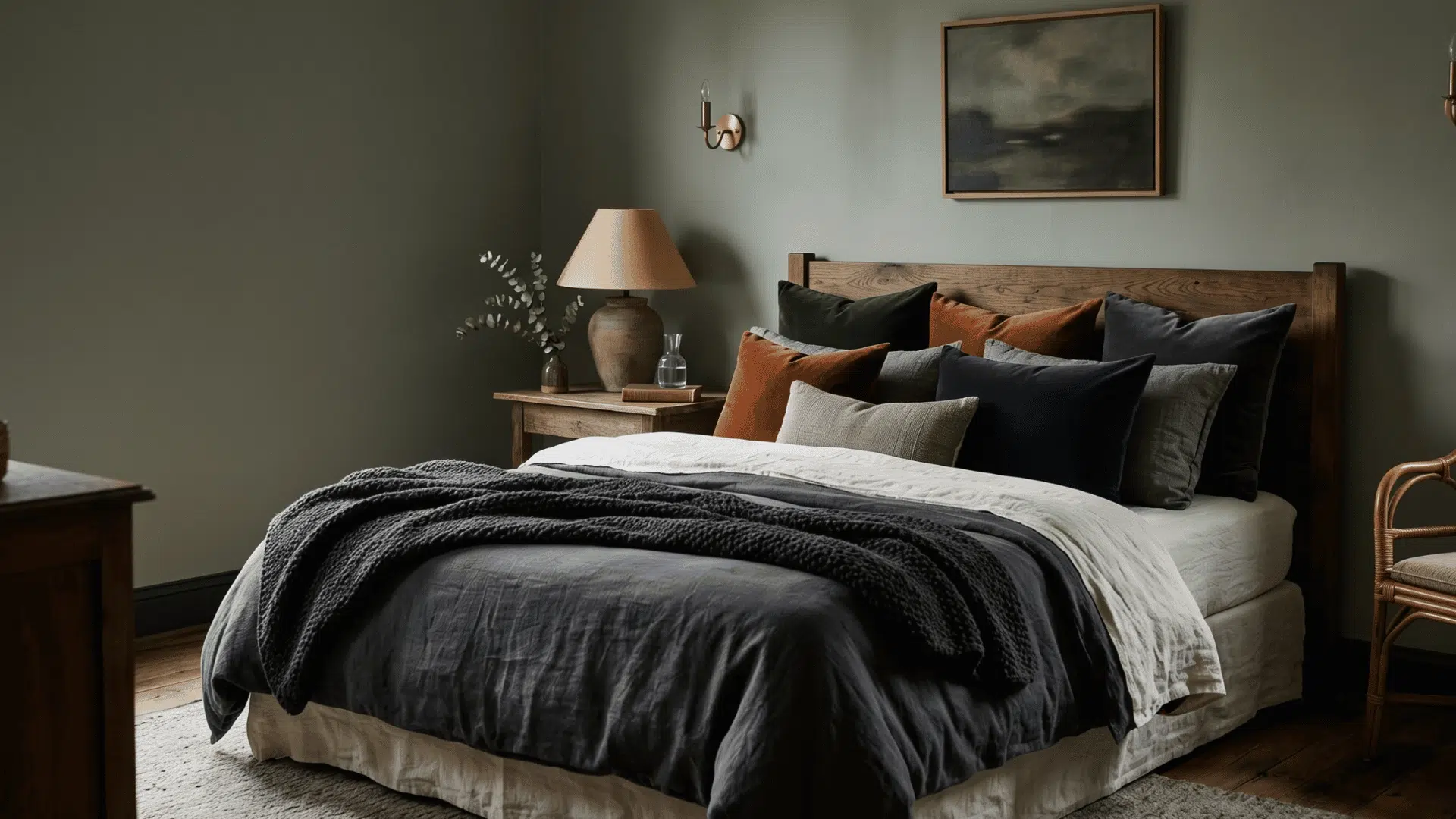 Velvet pillows on a moody layered bedroom bed