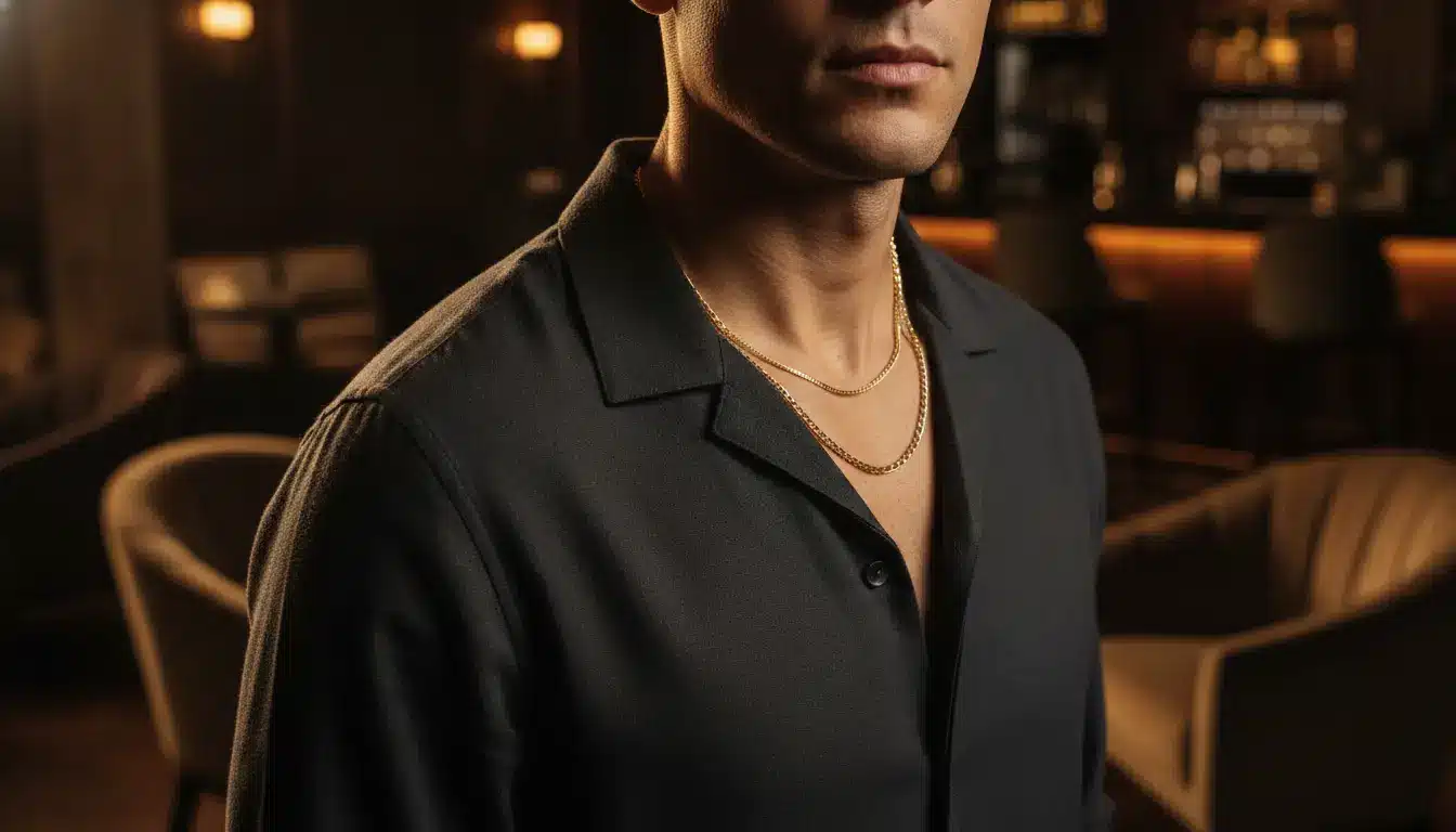 Man wearing gold chain necklace in dimly lit lounge with leather chairs and bar counter