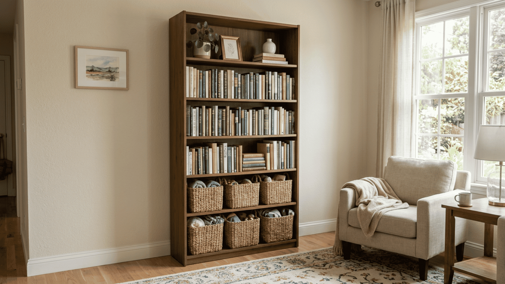 Tall bookcase used for vertical storage in a small room