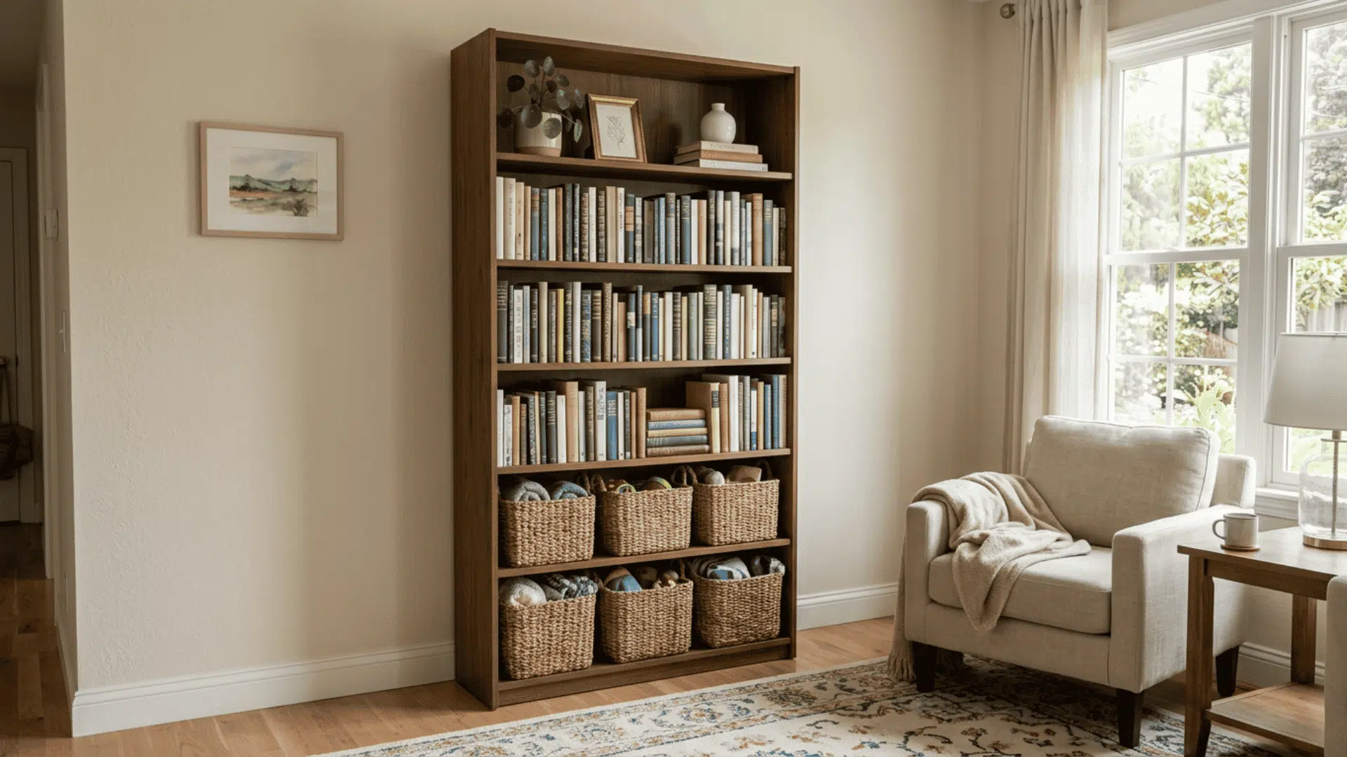 Tall bookcase used for vertical storage in a small room