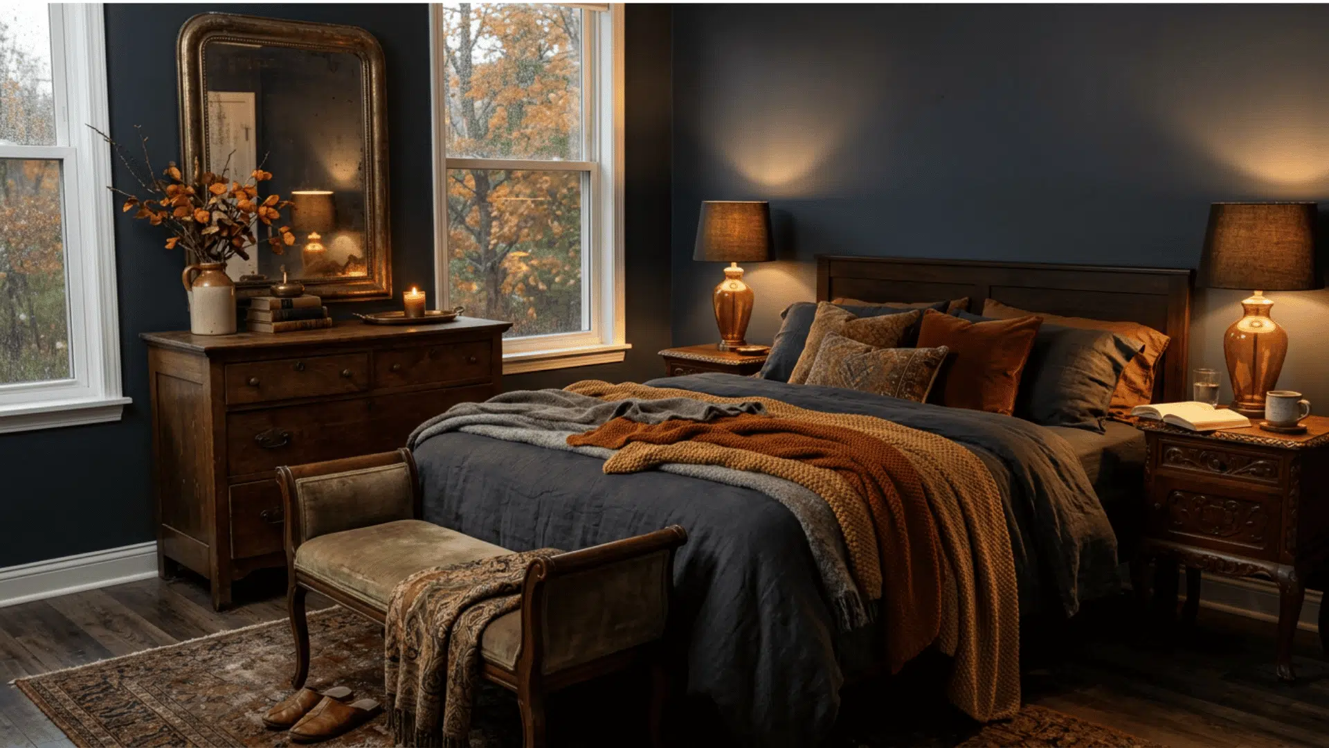 Vintage wooden furniture in a moody bedroom