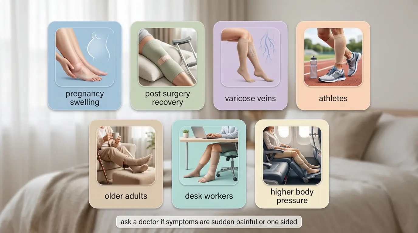 visual cards showing who may benefit from leg elevation including pregnancy recovery and desk workers