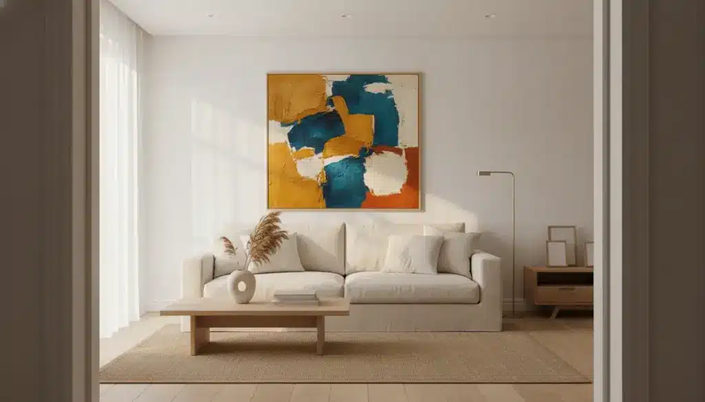 Contemporary living room with beige sofa, abstract painting, and wooden coffee table in natural light
