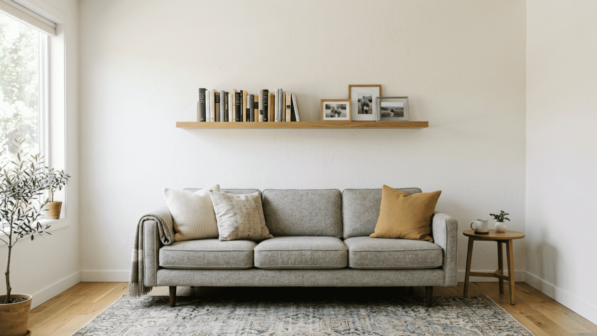 Floating wall shelf used for storage in a living room