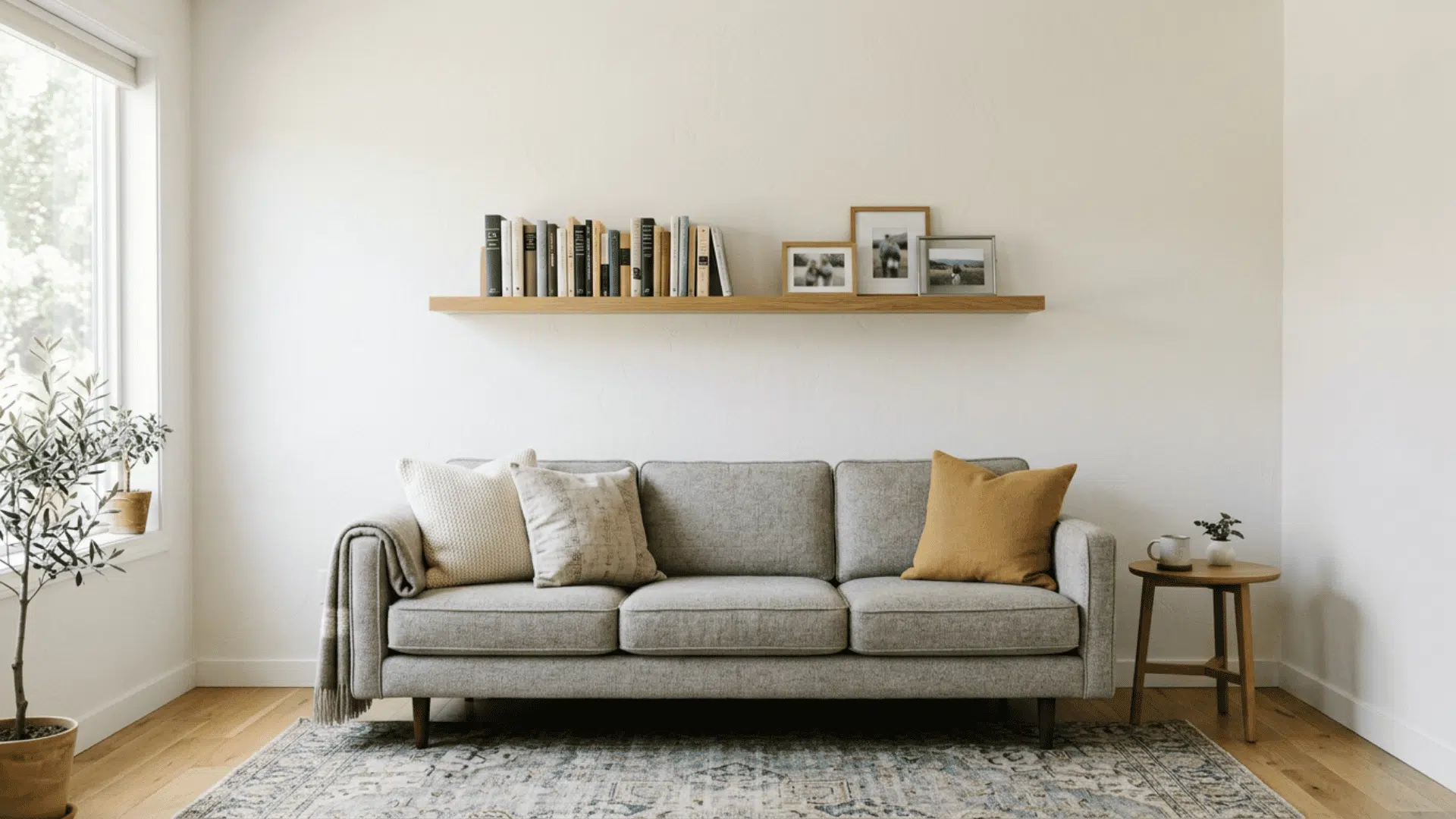 Floating wall shelf used for storage in a living room
