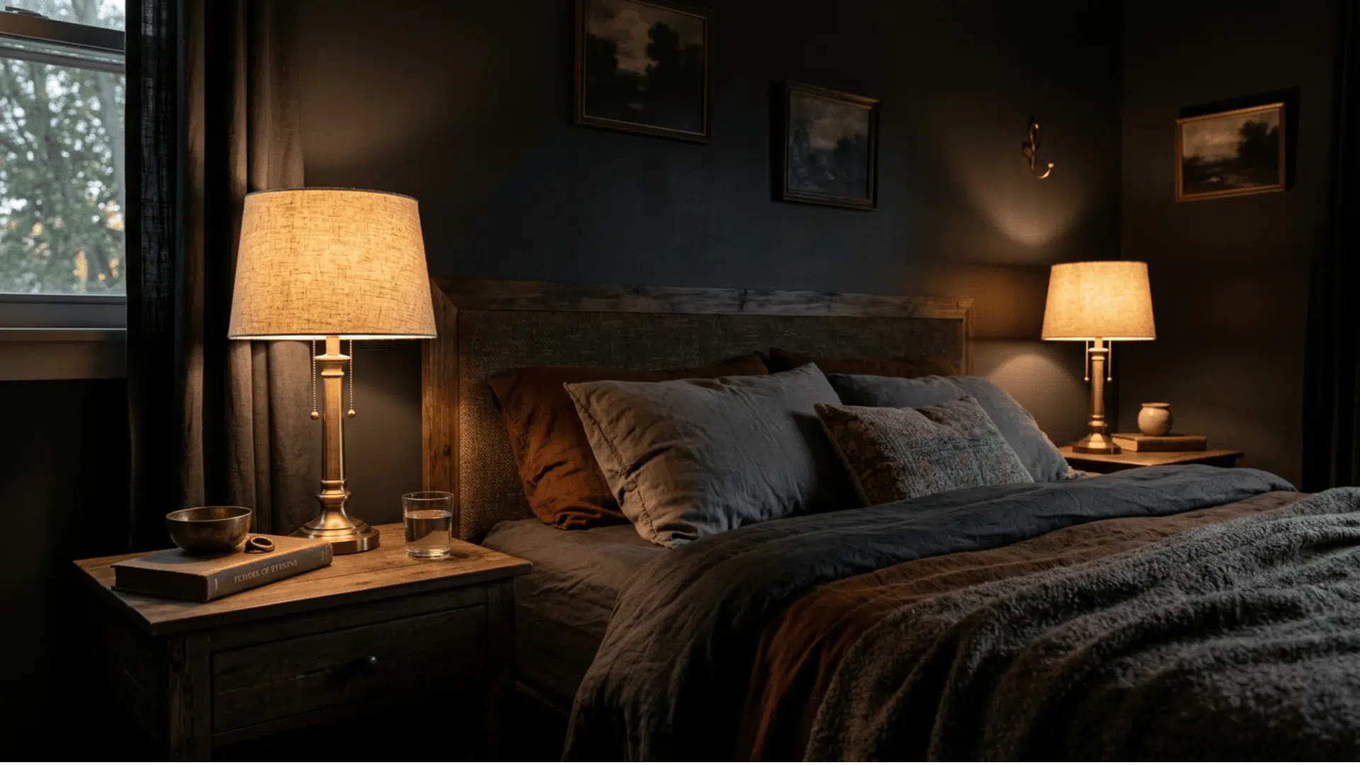 Warm bedside lamps in a dark cozy bedroom