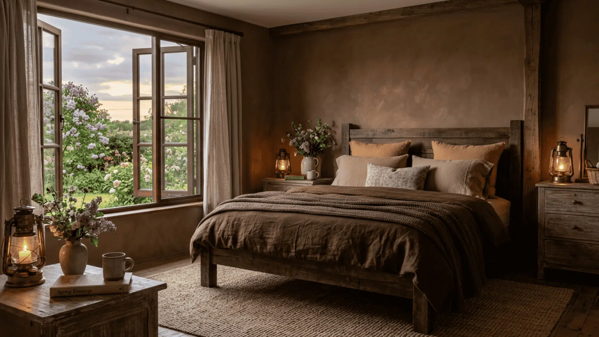 Warm brown bedroom with wood furniture and soft light