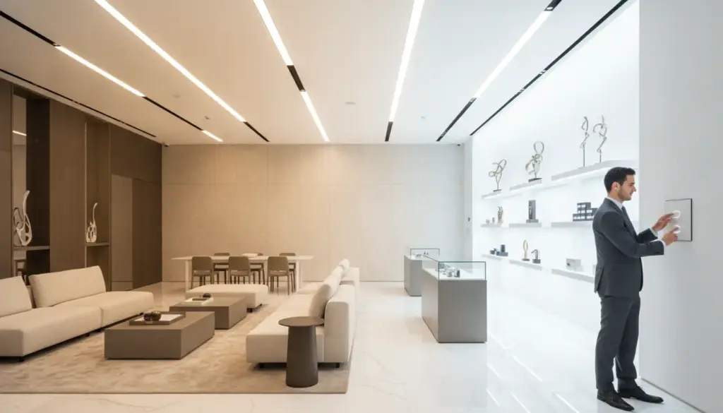 Modern office lounge with beige sofas, abstract sculptures on shelves, and a man adjusting wall panel