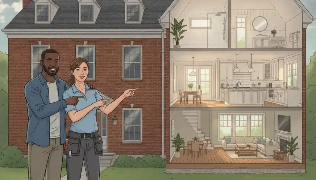 Professionals standing outside brick house with cutaway showing interior rooms and furnishings