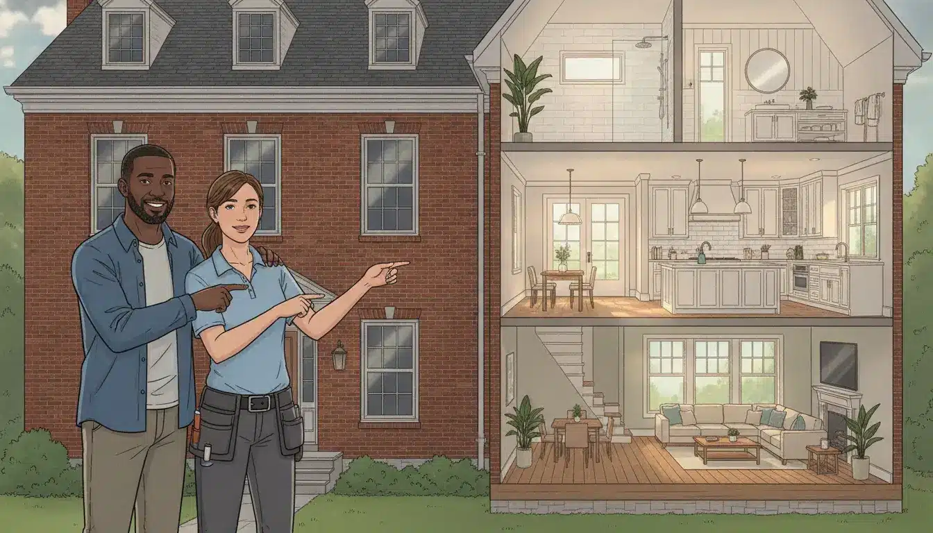 Professionals standing outside brick house with cutaway showing interior rooms and furnishings