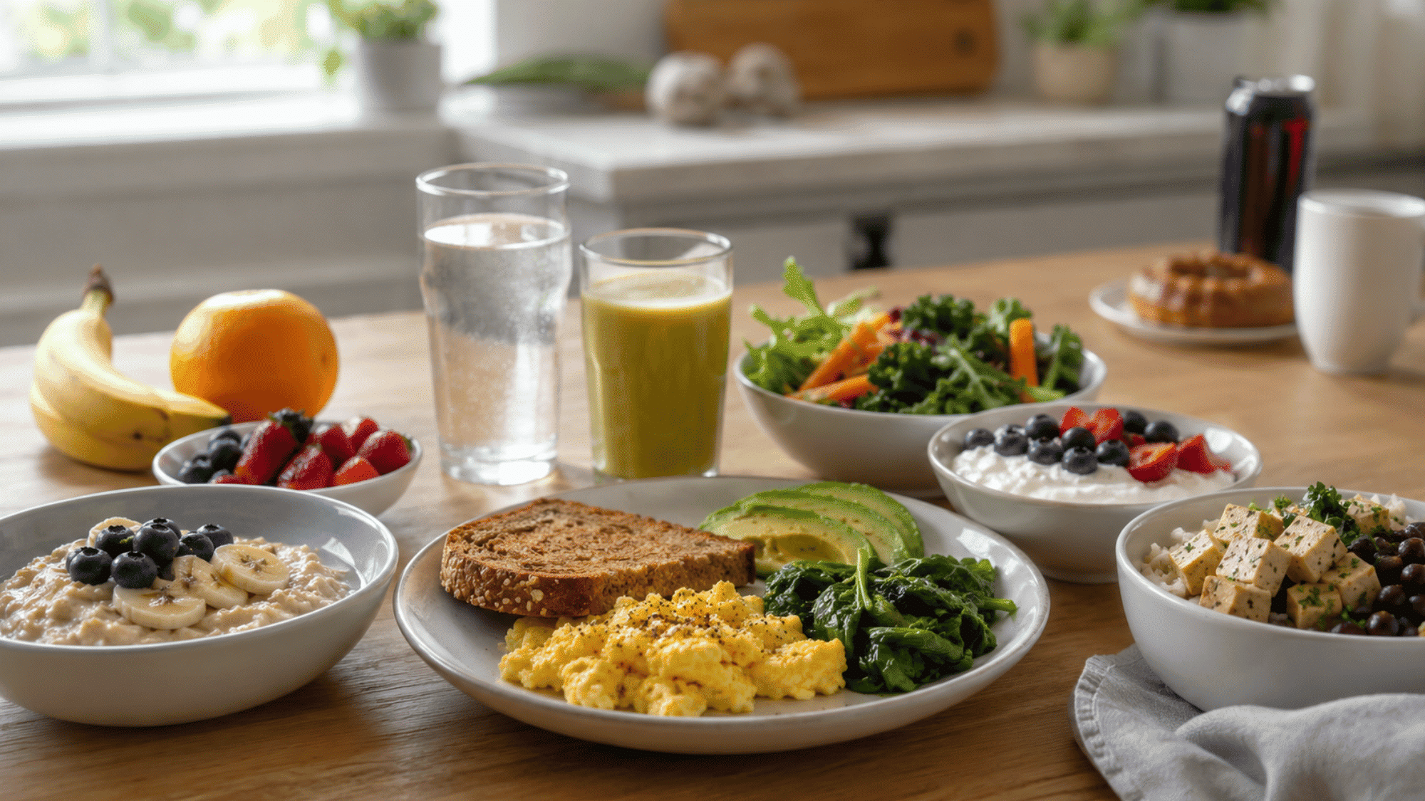 balanced breakfast with eggs, oats, fruit, yogurt, tofu, greens, and water