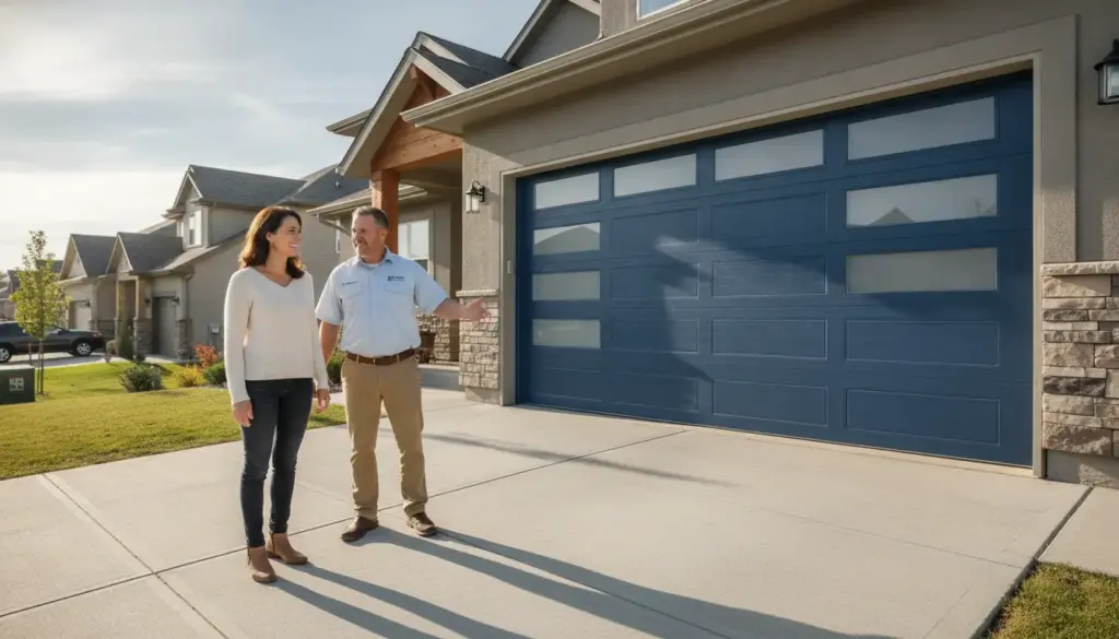 Person in casual attire and a worker discussing in front of modern blue garage door