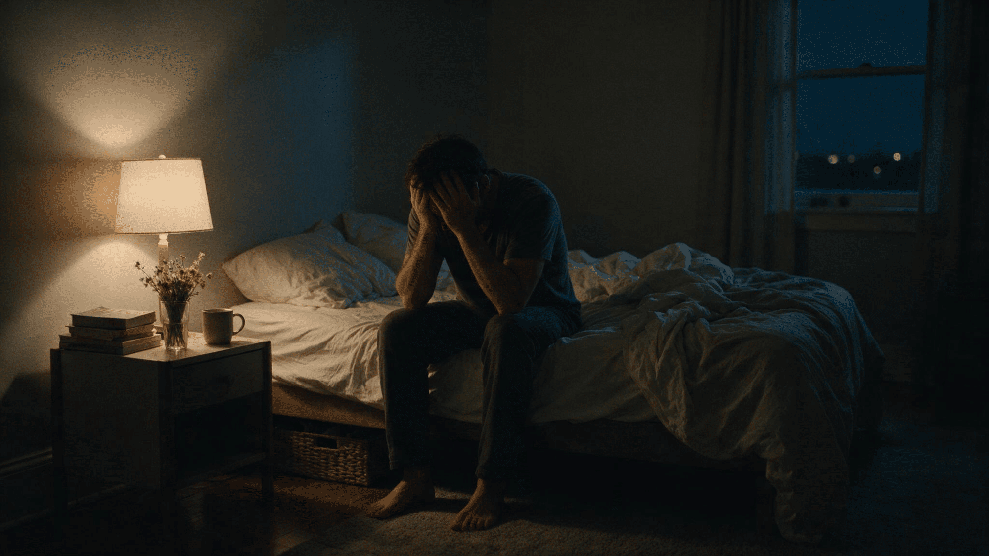 person sitting on the edge of an unmade bed at night with head in hands beside a lit bedside lamp in a dark bedroom