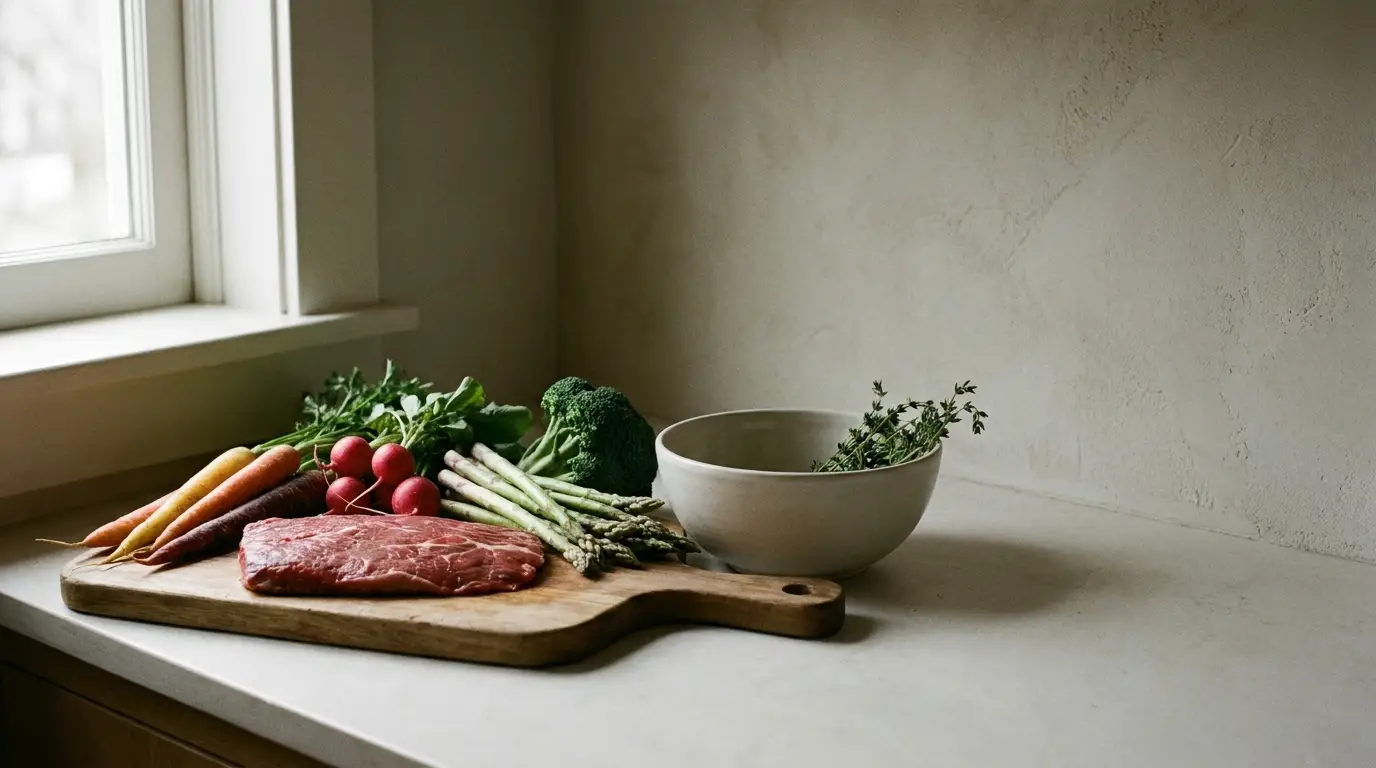 Steak, fresh vegetables, and herbs on wooden cutting board by window in bright kitchen