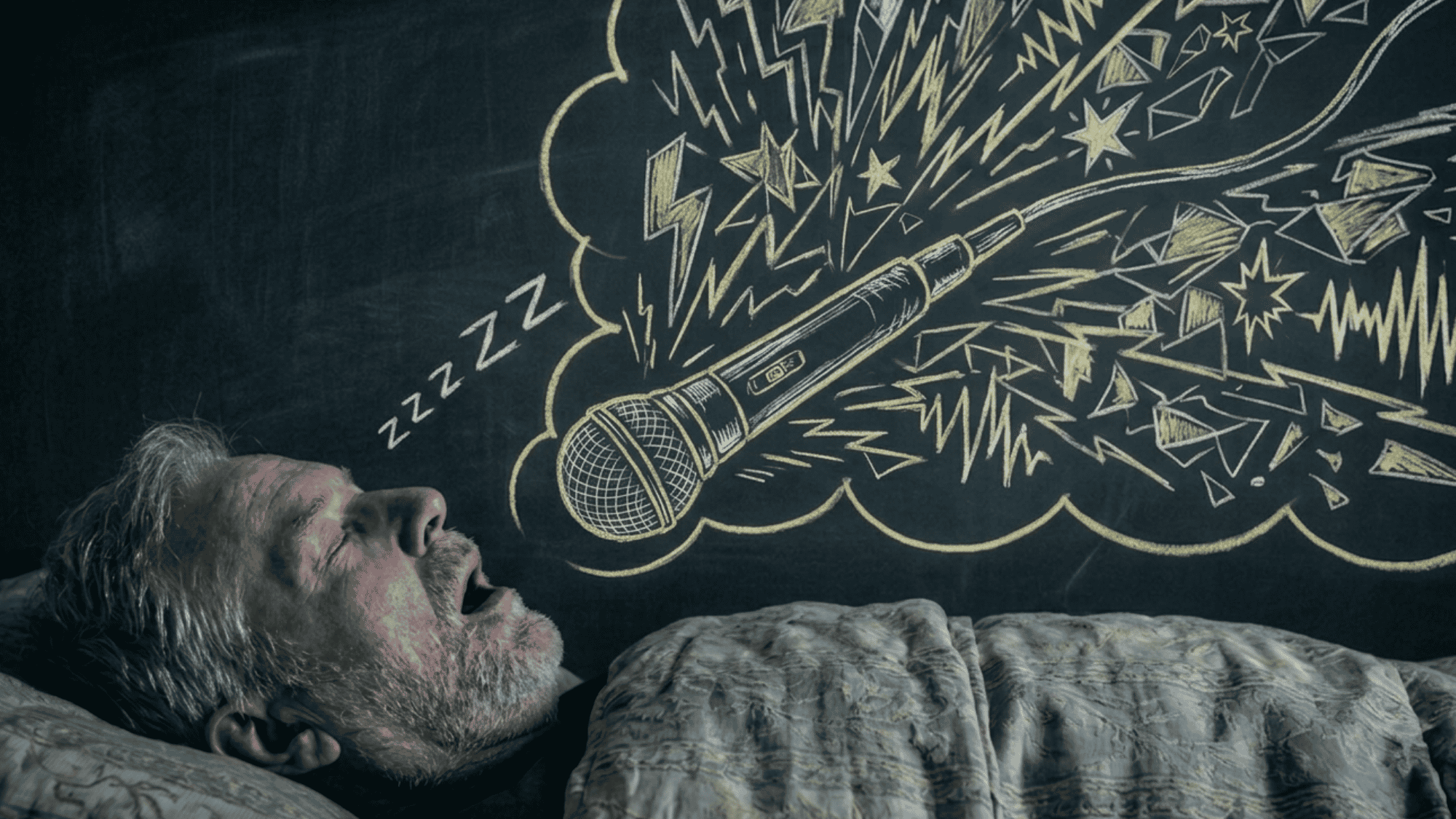 older man sleeping beside a chalkboard dream drawing with a loud drill, symbols, and sleep marks