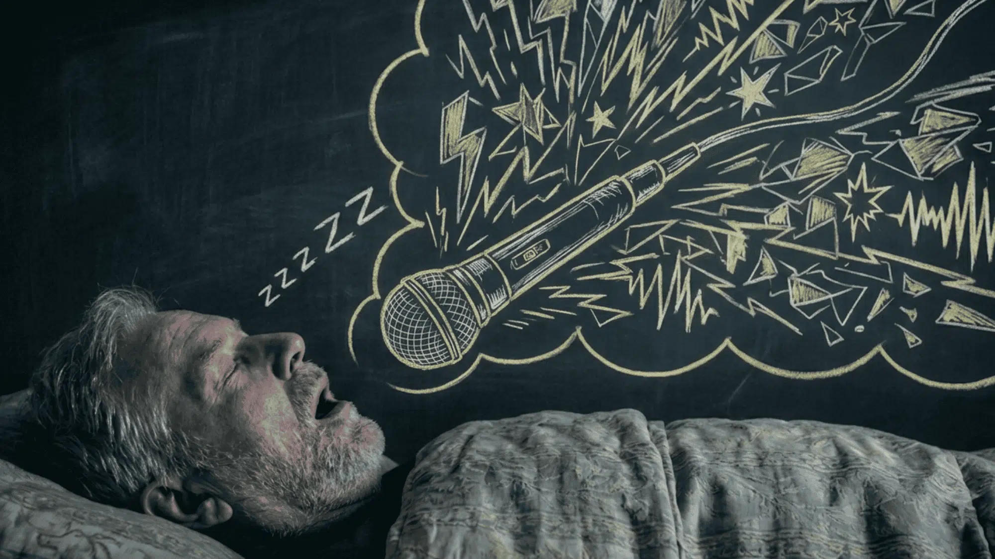 older man sleeping beside a chalkboard dream drawing with a loud drill, symbols, and sleep marks