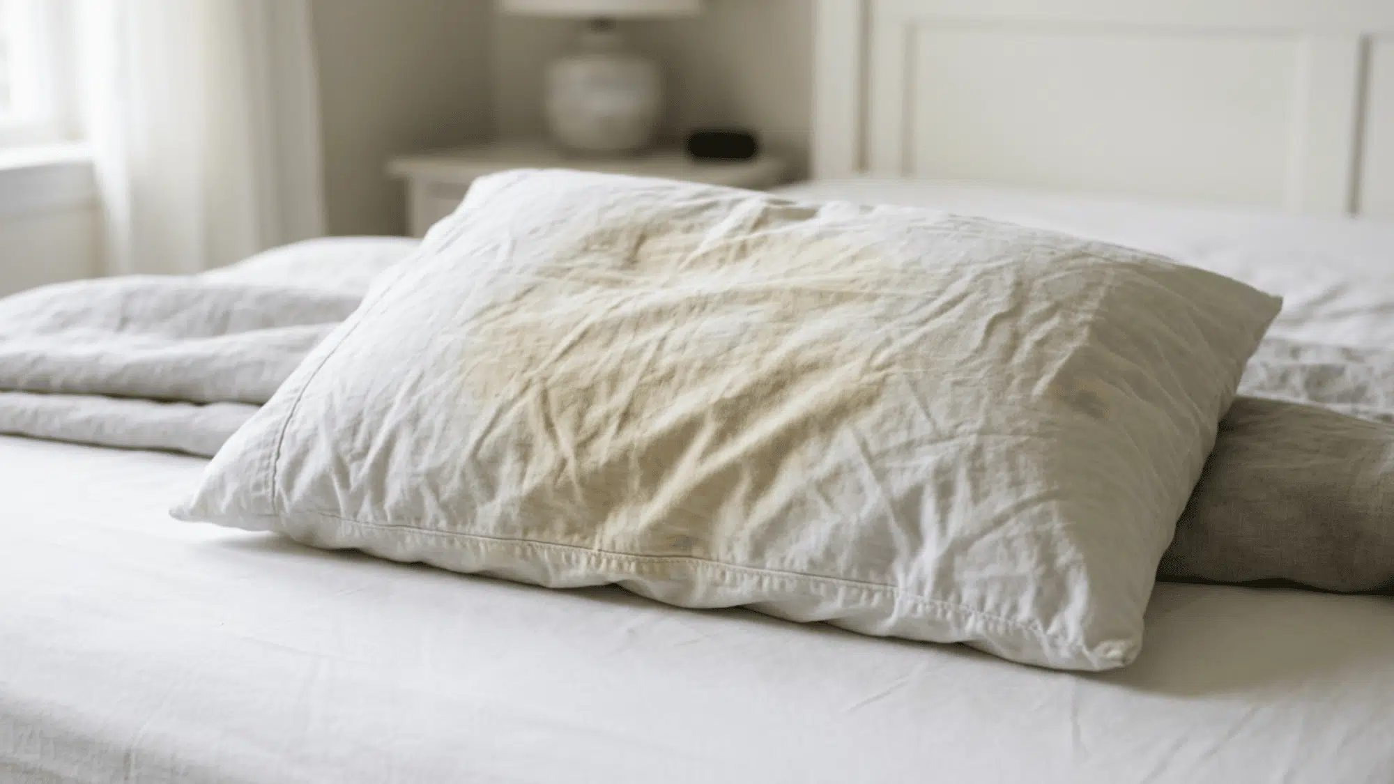 Close-up of a white pillow with yellow sweat stains resting on a neat bed.