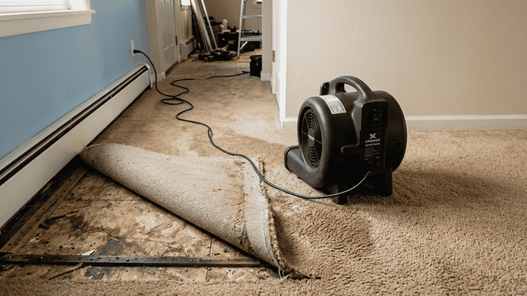 ir mover drying lifted carpet and exposed subfloor after water damage.