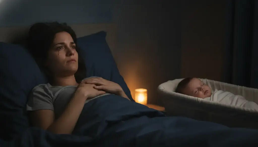 Woman lying in bed at night, looking worried, with sleeping baby in bassinet nearby