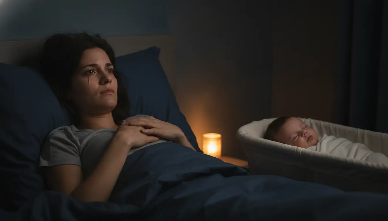 Woman lying in bed at night, looking worried, with sleeping baby in bassinet nearby